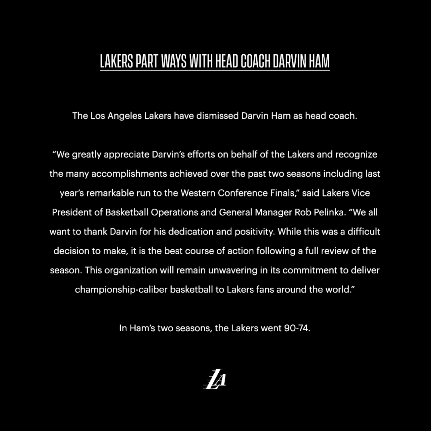 Los Angeles Lakers release statement on fired Darvin Ham