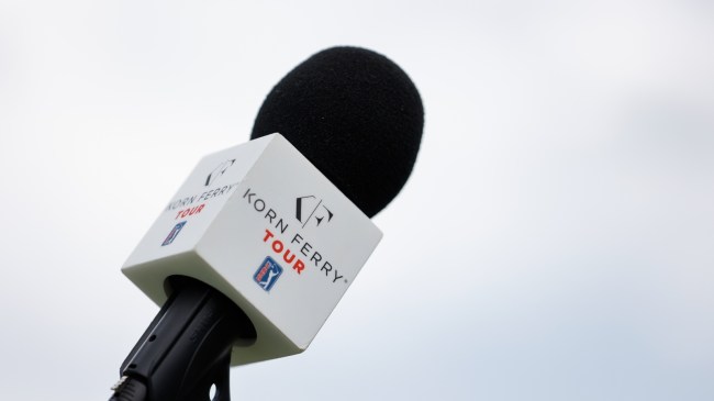 A Korn Ferry Tour logo on a microphone.