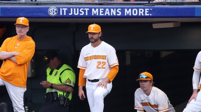 Tennessee Vols baseball coach Tony Vitello in the dugout at the SEC Tournament.
