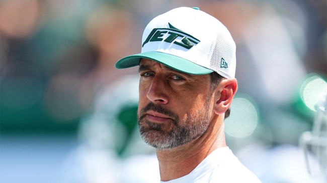 Aaron Rodgers of the New York Jets prior to preseason game