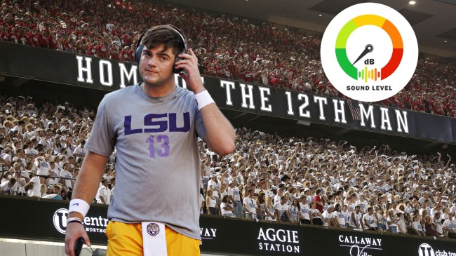 Garrett Nussmeier pictured over a background of Kyle Field.