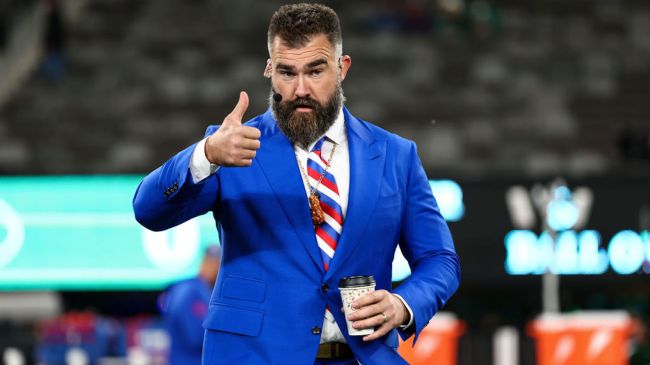 Jason kelce wearing a bright blue suit