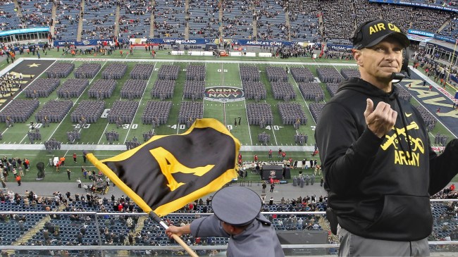 Army football coach Jeff Monken pictured with an Army Navy game in the background.