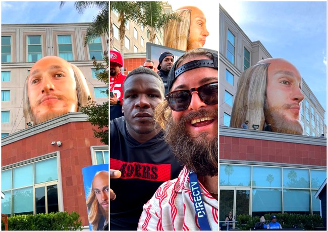 Giant inflatable George Kittle head at 49ers game tailgate hosted by DirecTV