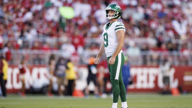New York Jets kicker Greg Zuerlein lines up a field goal attempt.