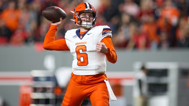 Syracuse QB Kyle McCord throws a pass.