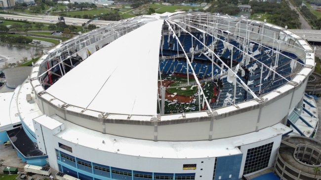 Tropicana Field torn open by Hurricane Milton in St Petersburg