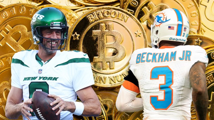 Aaron Rodgers and Odell Beckham Jr. on Bitcoin background