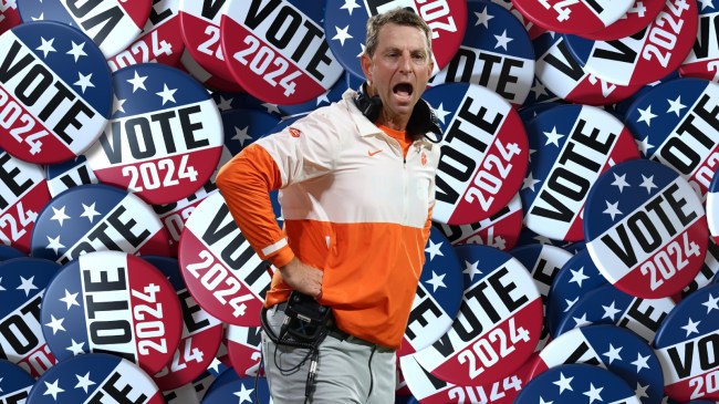 Clemson football coach Dabo Swinney pictured over a background of Election Day pins.