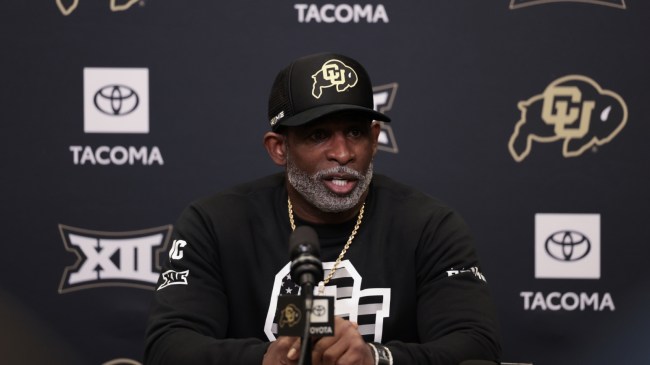 Colorado football coach Deion Sanders speaks to the media after a win over Utah.