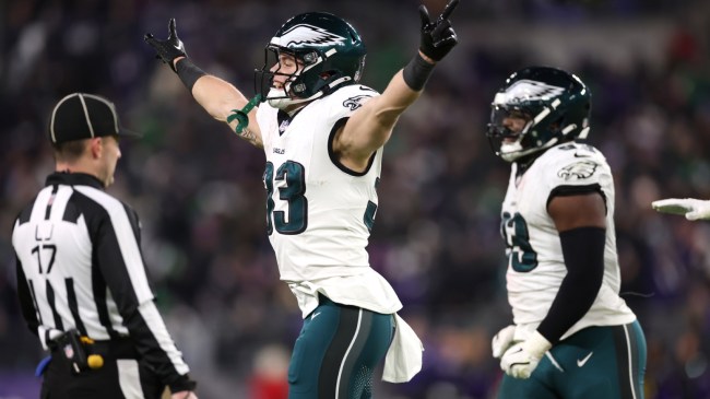 Philadelphia Eagles DB Cooper DeJean celebrates a missed field goal.
