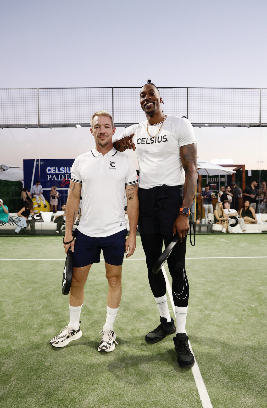 Diplo and Dwight Howard competing at the CELSIUS Padel Classic 2024 at Reserve Miami Seaplane in Miami, FL 