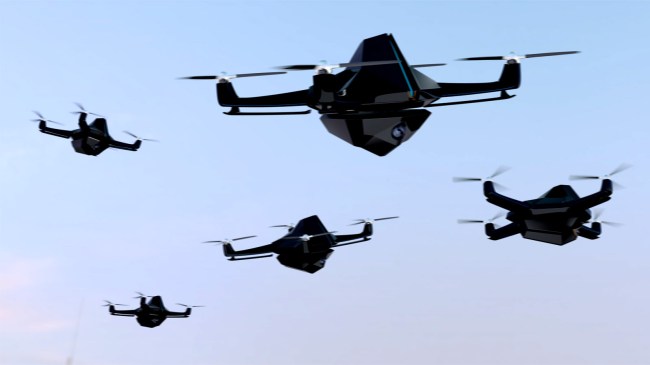 Swarm of drones flying in the sky