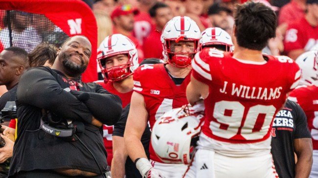 Nebraska DE James Williams celebrates on the sidelines.