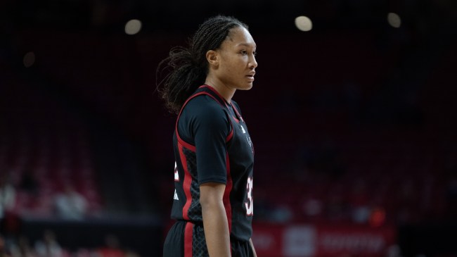 Rutgers women's basketball player Kiyomi McMiller on the court.