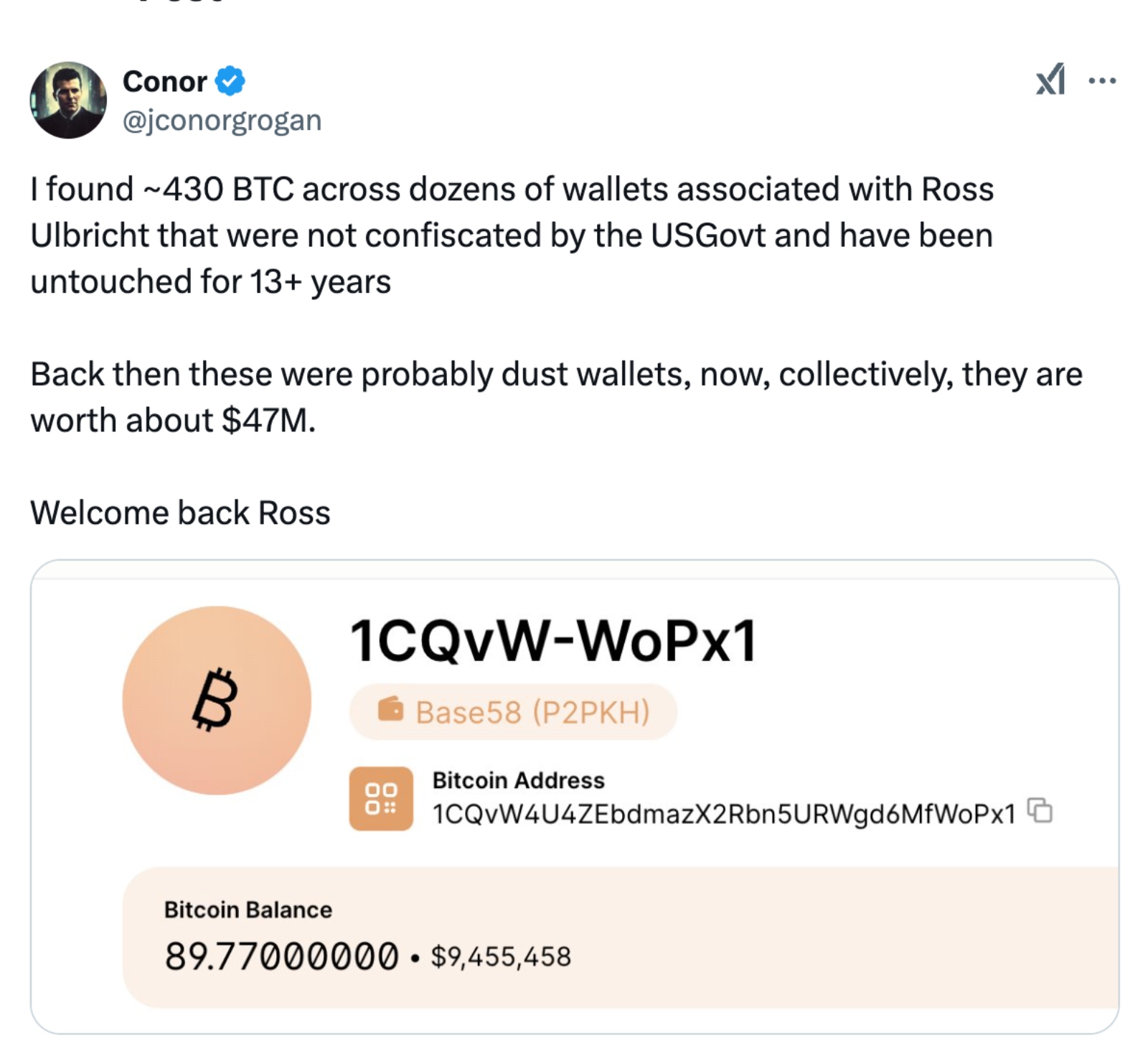 Ross Ulbricht bitcoin holdings according to coinbase director