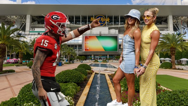 Carson Beck and the Cavinder twins pictured over a background of Hard Rock Stadium.