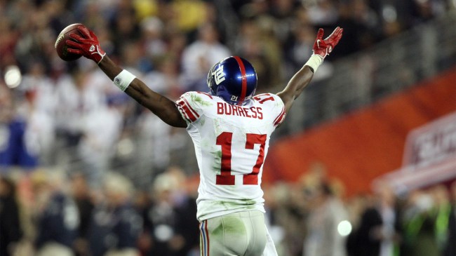 New York Giants receiver Plaxico Burress celebrates game winning touchdown in Super Bowl XLII