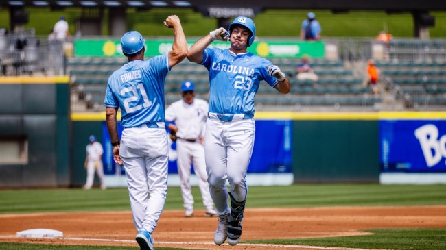 North Carolina 1B Alberto Osuna celebrates after hitting a HR.
