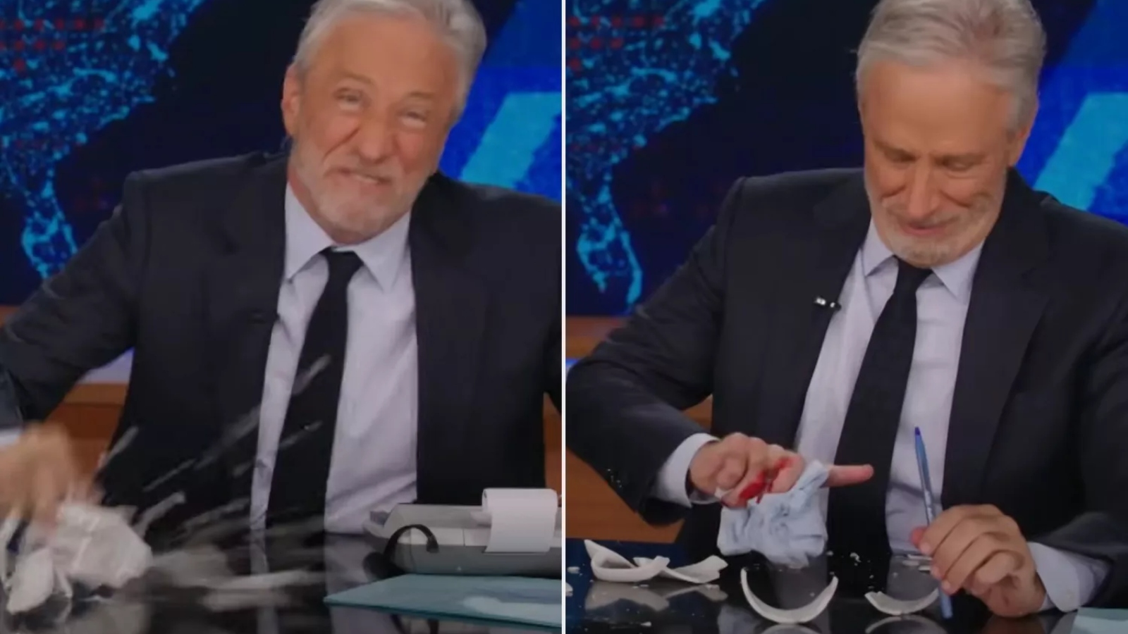 Jon Stewart gashes hand on The Daily Show