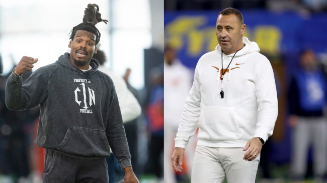 Texas football coach Steve Sarkisian pictured beside Cam Newton.
