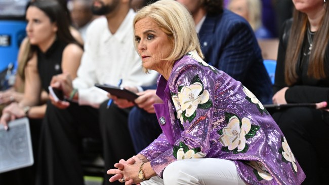 LSU women's basketball coach Kim Mulkey on the sidelines during the NCAA Tournament.