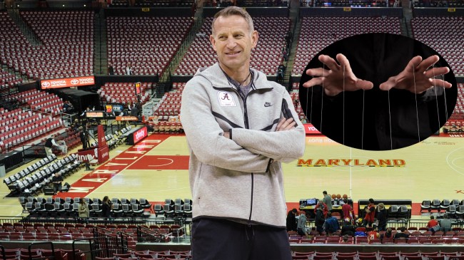 Nate Oats pictured over a background of Maryland's basketball arena.