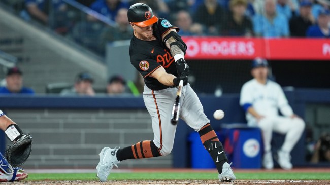 Tyler O'Neill hits a single for the Baltimore Orioles.