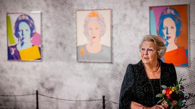 Queen Beatrix of The Netherlands in front of Andy Warhol portraits