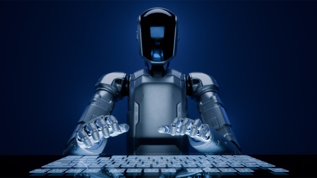 Artificial Intelligence AI Powered Humanoid Robot Typing on Futuristic Keyboard
