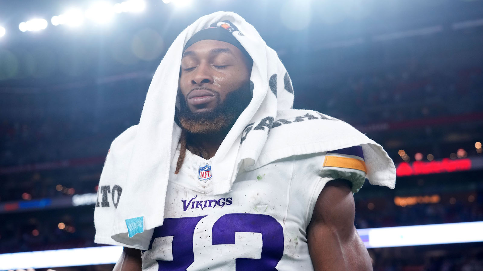 Jan 13, 2025; Glendale, AZ, USA; Minnesota Vikings running back Aaron Jones (33) reacts after the NFC wild card game against the Los Angeles Rams at State Farm Stadium. Mandatory Credit: Joe Camporeale-Imagn Images