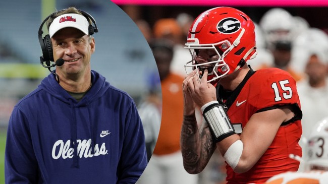 Lane Kiffin pictured beside Carson Beck