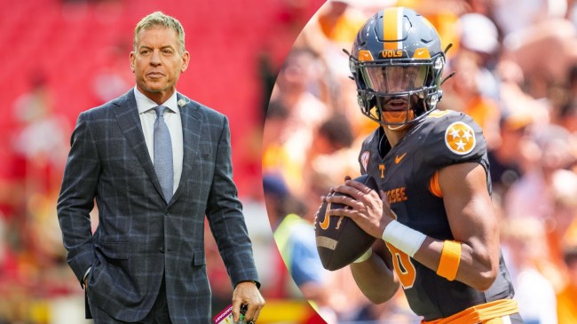 Nico Iamaleava pictured beside former UCLA QB Troy Aikman