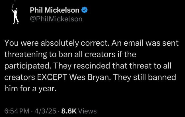Phil Mickelson claims Wesley Bryan suspended from PGA Tour