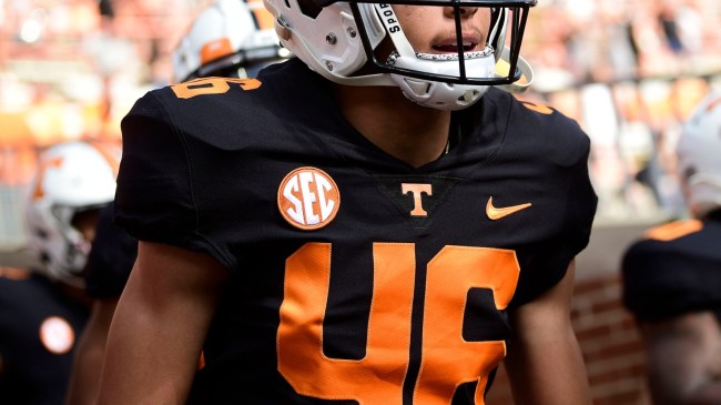 A Nike logo on a Tennessee football jersey.