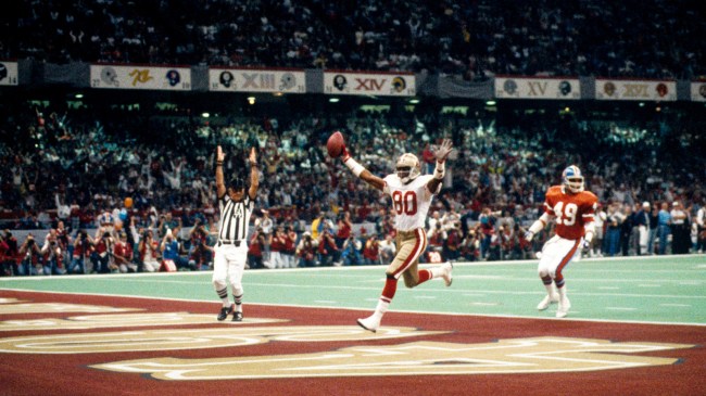 Jerry Rice scores a touchdown in the Super Bowl