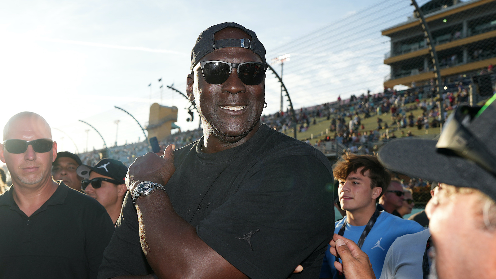 Oct 27, 2024; Homestead, Florida, USA; 23XI owner Michael Jordan celebrates after his driver NASCAR Cup Series driver Tyler Reddick (not pictured) won the Straight Talk Wireless 400 at Homestead-Miami Speedway. Mandatory Credit: Jasen Vinlove-Imagn Images