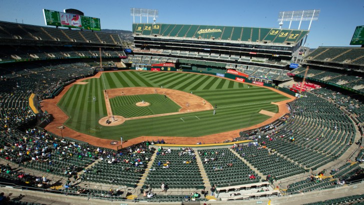 the Oakland Coliseum stadium nearly empty with fans