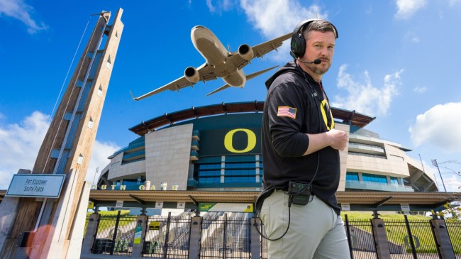 Dan Lanning over a background of Autzen Stadium.