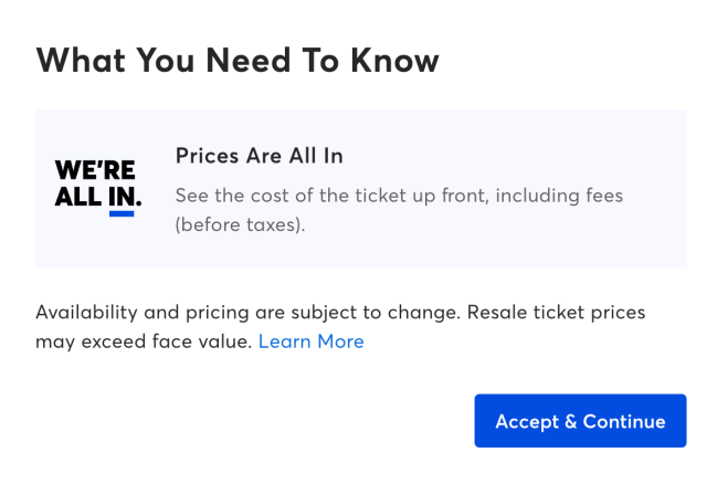 Ticketmaster all-in pricing announcemnt