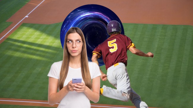 Baseball player running as annoyed girl watches along