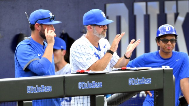 Duke baseball coach Chris Pollard in the dugout.