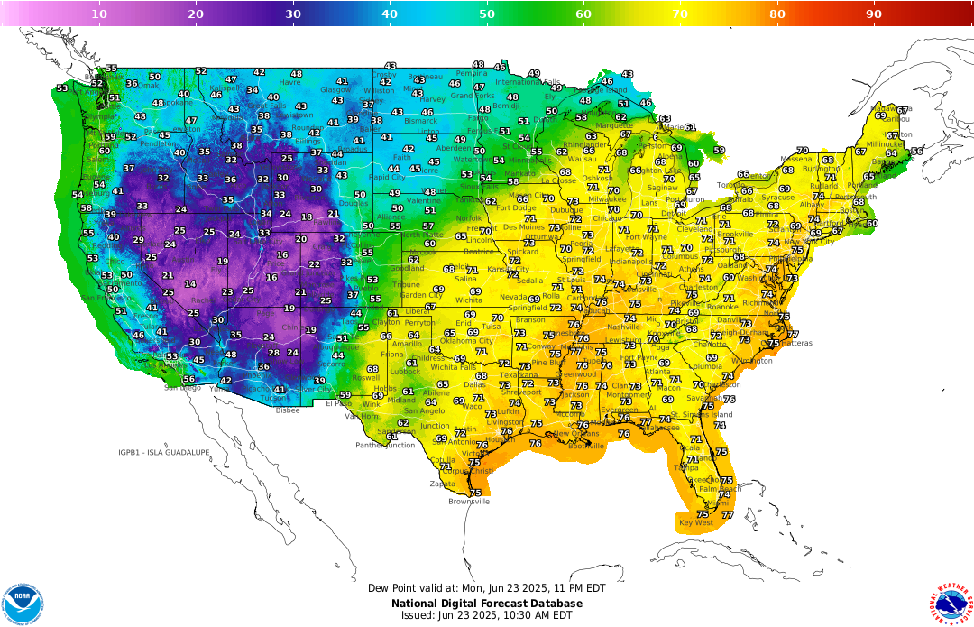 USA dew point for Monday June 23
