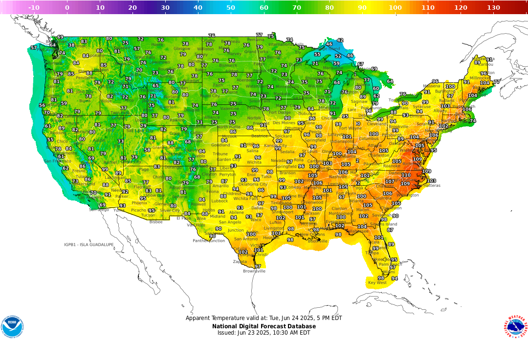 feels like heat dome map for Tuesday