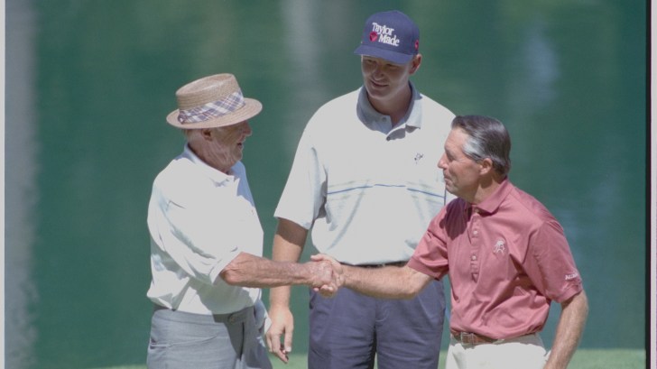 04/09/1997; Augusta, Georgia USA; Gary Player and Ernie Els with Sam Snead during the Par 3 Contest at the Augusta National Golf Course.