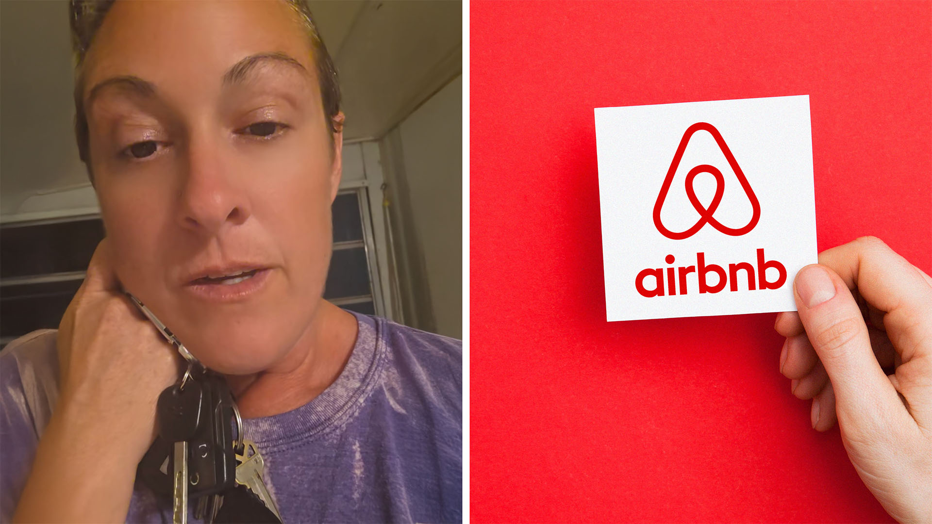 Woman shares what happened at her stay at an AirBnb(l) Person holding paper with Airbnb Logo(r)