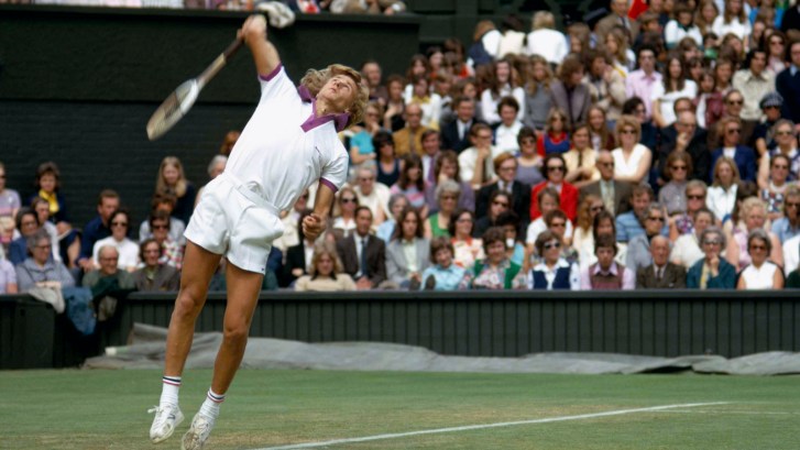 Tennis legend Bjorn Borg serving the ball at Wimbledon