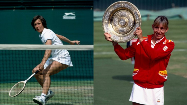 Wimbledon legend Martina Navratilova holds up trophy on the grass court