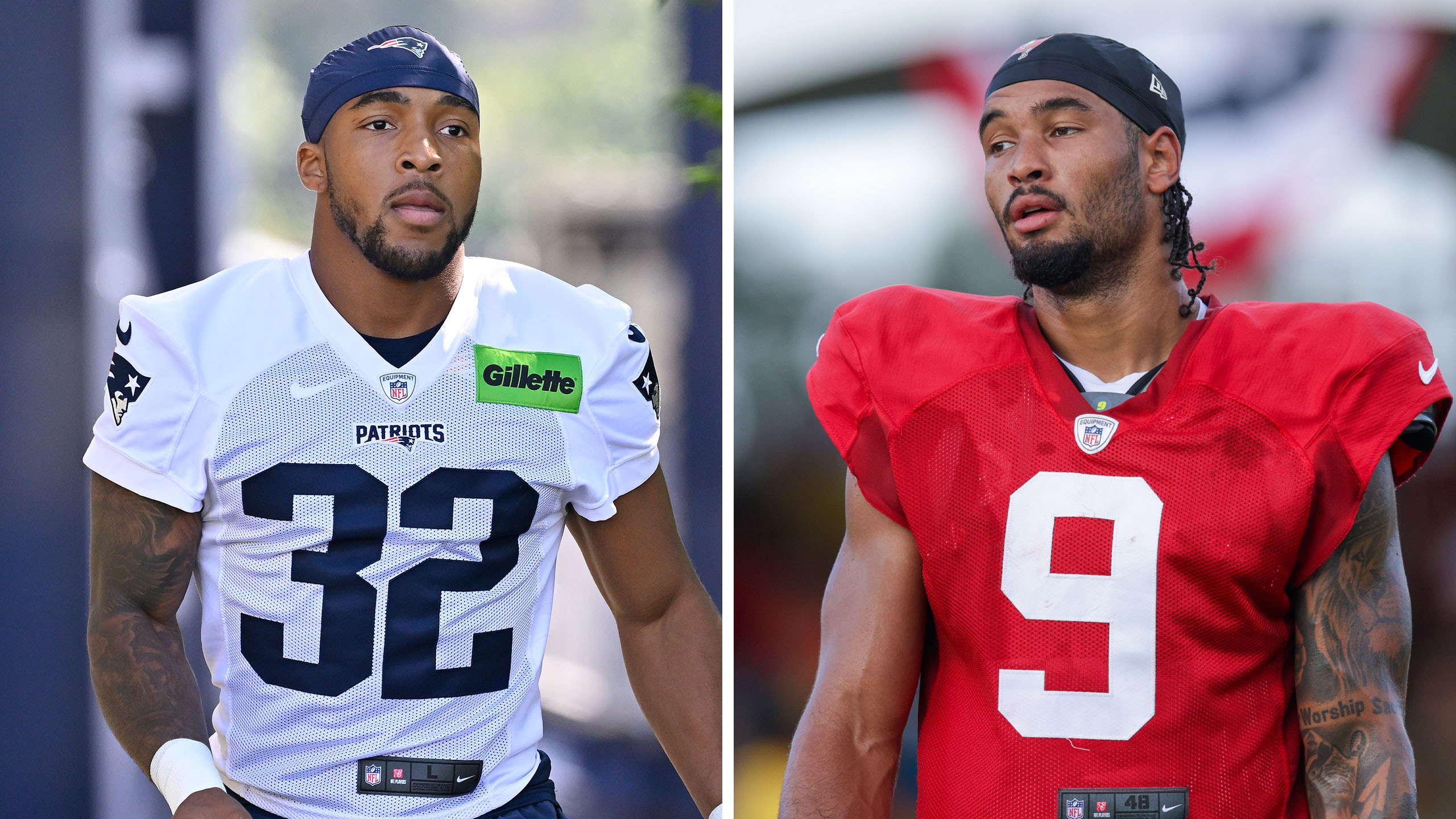 New England Patriot TrVeyon Henderson and Tampa Bay Buccaneer Emeka Egbuka