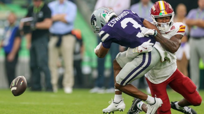 Dylan Edwards muffs a punt during a college football game between Kansas State and Iowa State
